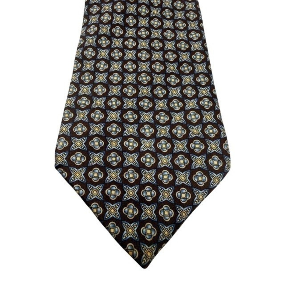 George Machado Mens Silk Tie Brown Blue Gold Geometric Medallion Made in USA 4"